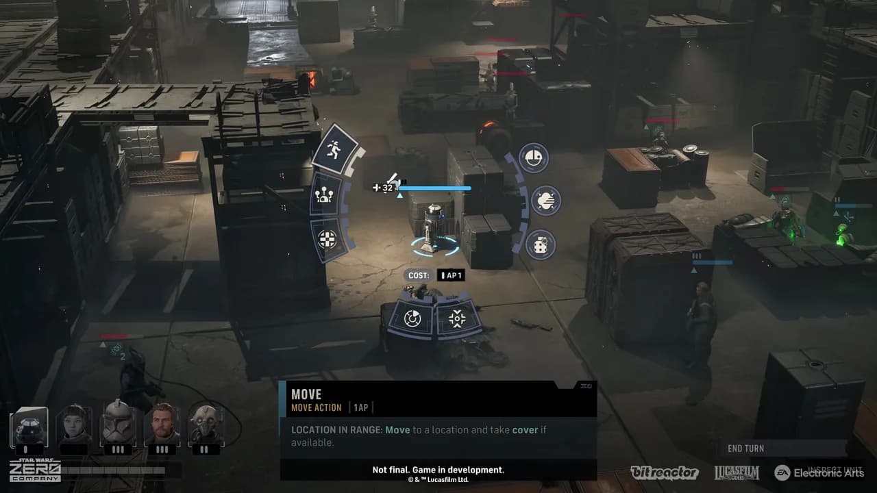 The tactical interface shows an operator’s available actions and movement options.